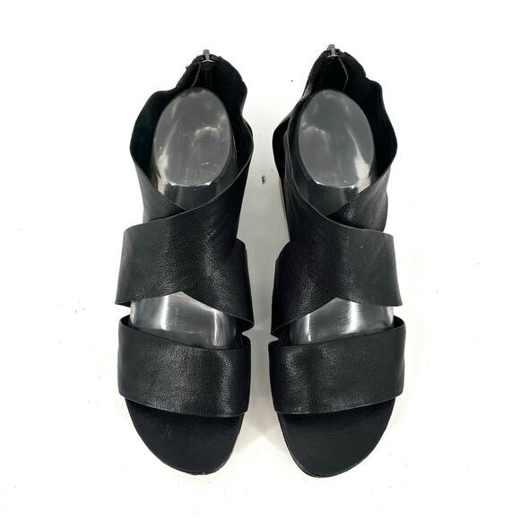 Eileen Fisher Black Leather Wide Strap Open Toe Zip Back Sandals - Size 10 - Picture 2 of 9